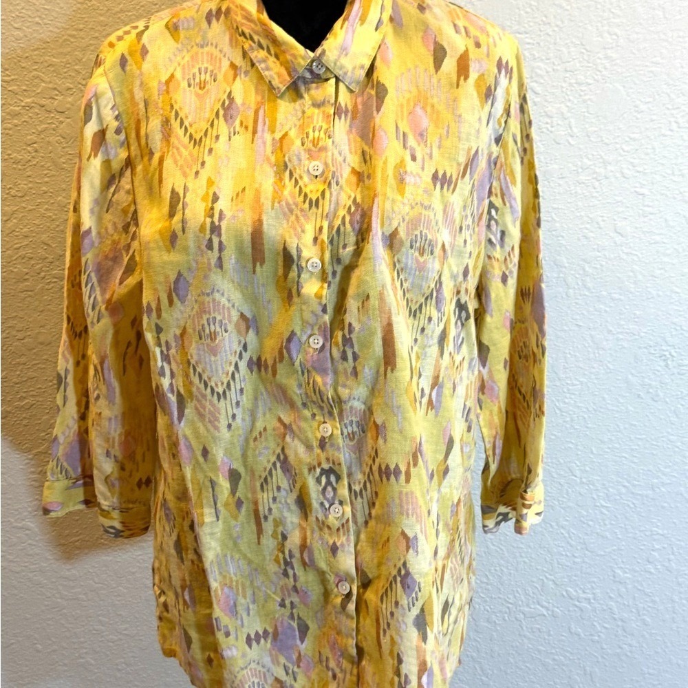 Coldwater Creek Yellow Ikat Print 100% Linen Button Down Shirt 3/4 Sleeve L
